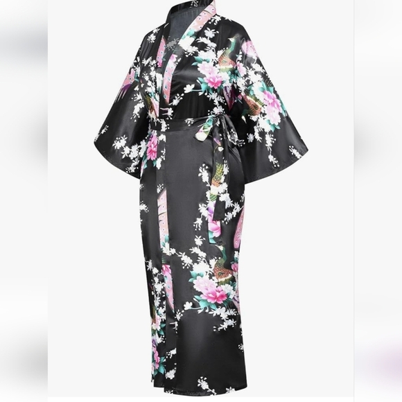 Costume kimono jacket geisha black with peacocks bow barrette belt Halloween 5XL - Picture 2 of 12